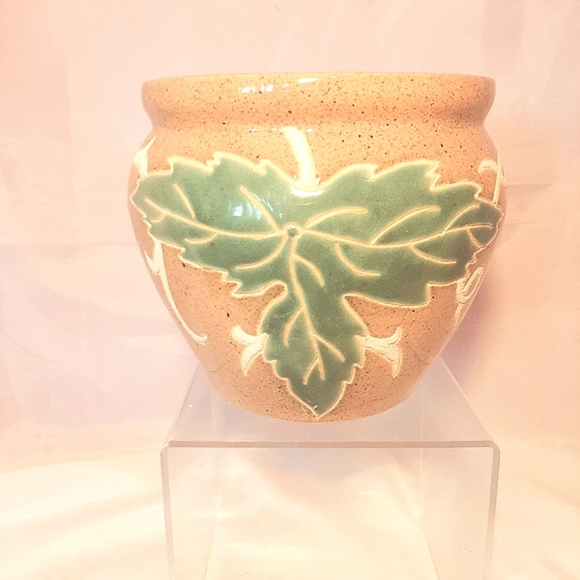 Signed Art Pottery Vase/Planter. Relief Textured Grapes/Leaves. Speckled Glaze - Picture 1 of 6